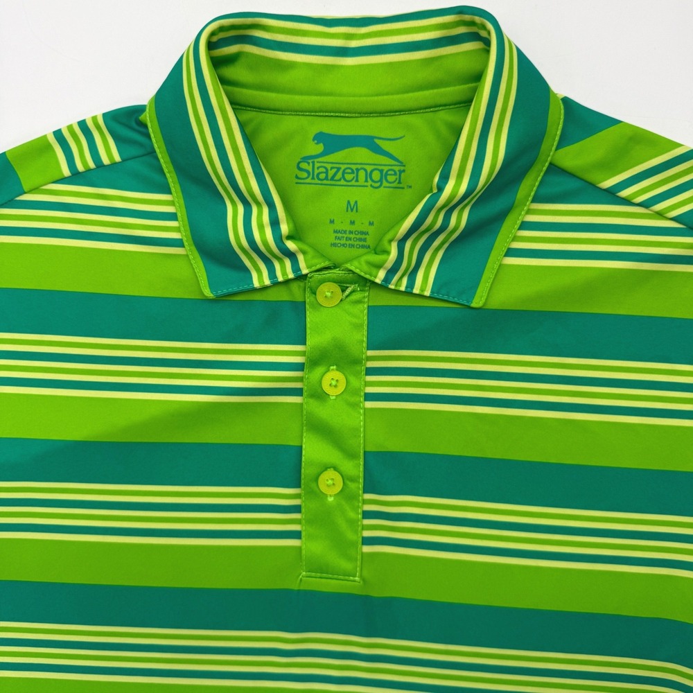 Slazenger‎ Polo Shirt Mens M Green Teal Striped 101014 Short Sleeve Golf Sporty